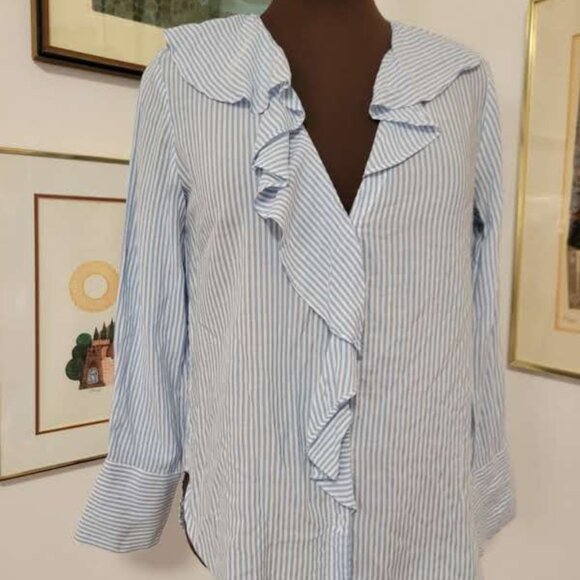 Zara Pale Blue Striped ruffled V-Neck Blouse - Picture 3 of 5